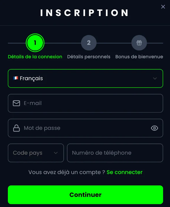 Formulaire d'inscription sur Pampago Casino avec les champs de connexion et le numéro de téléphone