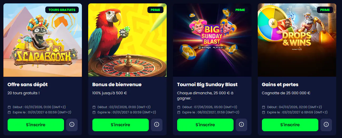 Offres de Pampago Casino avec tours gratuits, bonus de bienvenue et tournois Lucky Boom et Big Sunday Blast